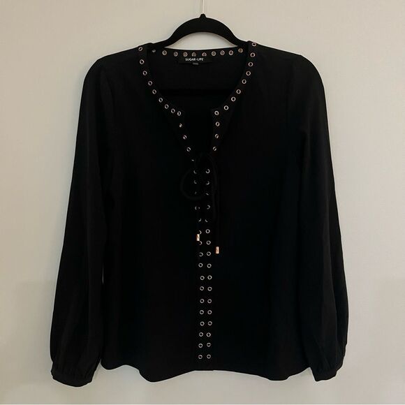Sugar Lips Womens Black Lace Up Bronze Detailed Polyester Blouse. Size Small - Picture 1 of 9
